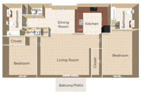 A floor plan of a house with a living room, dining room, kitchen, two bedrooms, a bathroom, a laundry room, and a balcony.